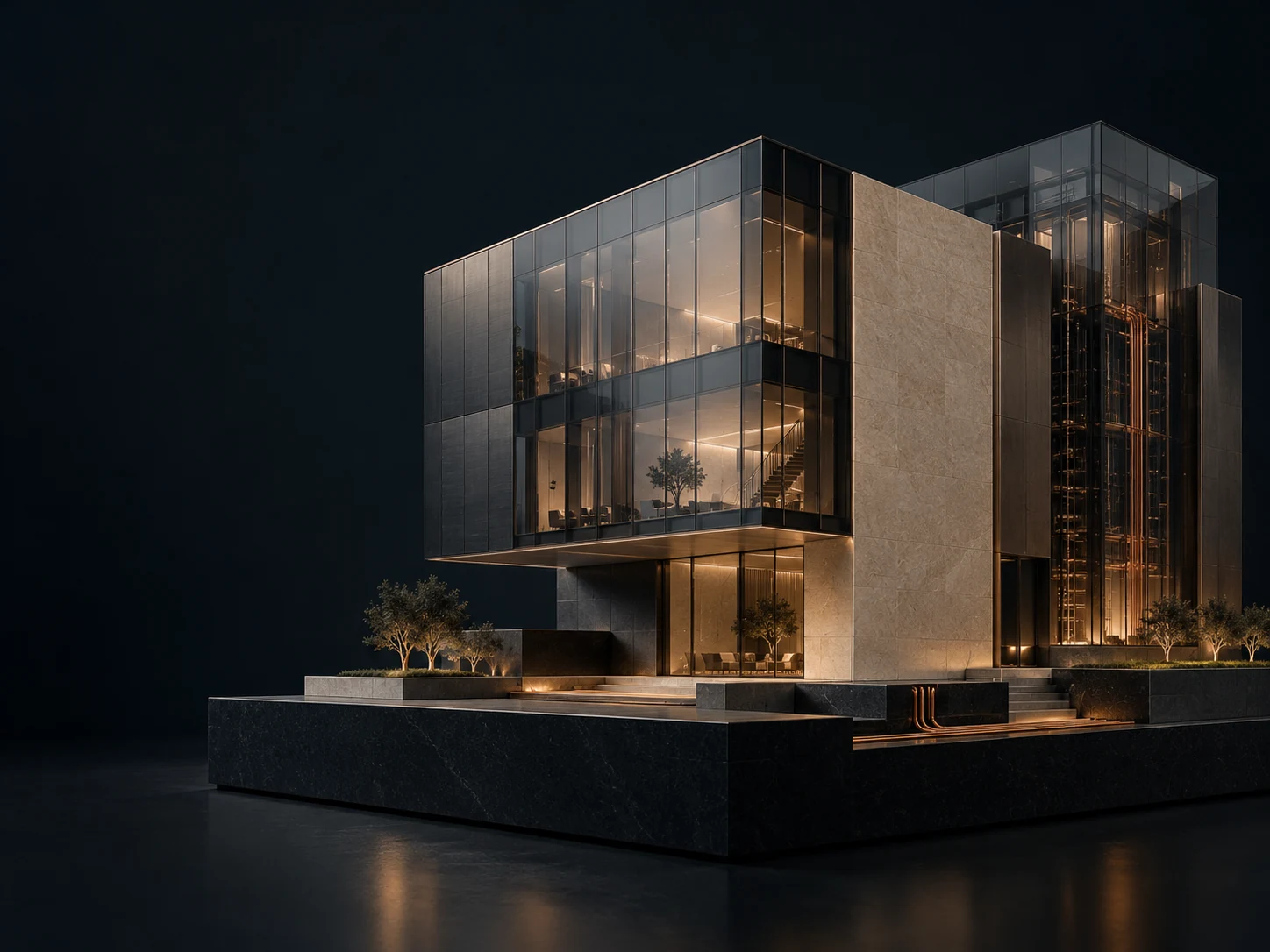 Architekturmodell als Verbindung von Gewerbeimmobilie und Technologie – KI-generierte Visualisierung